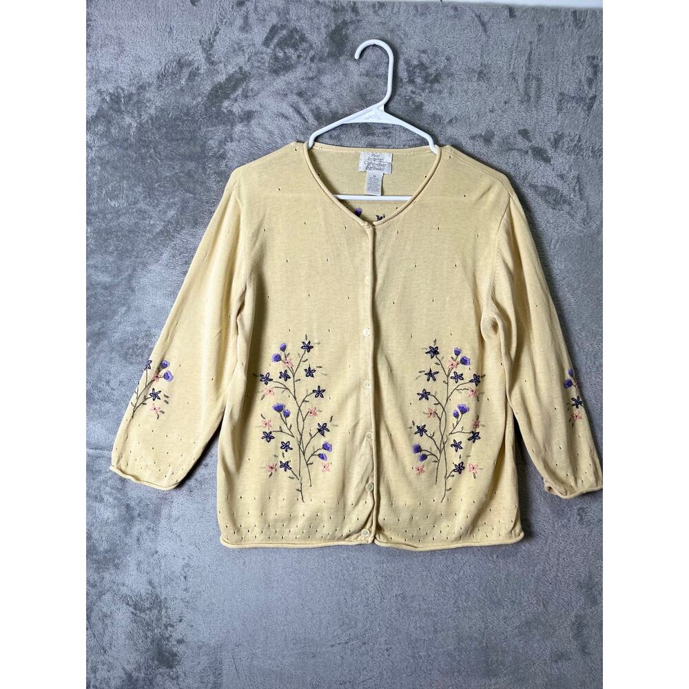 Vintage Cottagecore Yellow Floral Embroidered Cardigan Soft Girl Grandpa Core MD